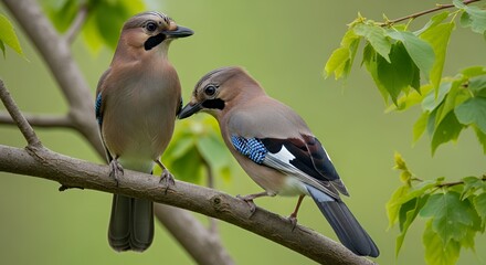 Two Eurasian Jays Perched Close Together on a Branch