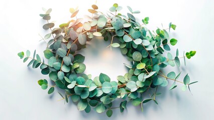 Double exposure photo: eucalyptus wreath branches, lay-flat on white. Spring, autumn, winter decor.