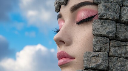 Young Woman Emerging From Stone Wall With Sparkles and Pink Glitter Eyeshadow Against Blue Sky