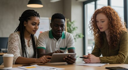 Diverse Group of Young Adults Using Tablet in Modern Office Setting