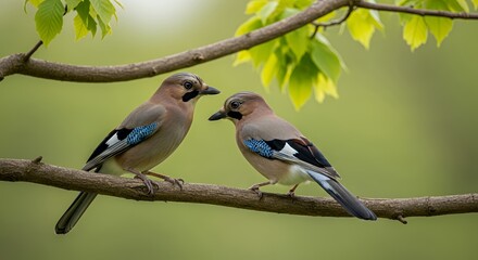 Two Eurasian Jays Perched on a Branch in Springtime