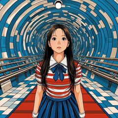 Young Woman in Red White and Blue Striped Dress Standing in a Swirling Blue and White Pixelated Tunnel