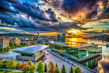 Double exposure photography captures Oslo's skyline intertwined with the iconic Munch Museum.