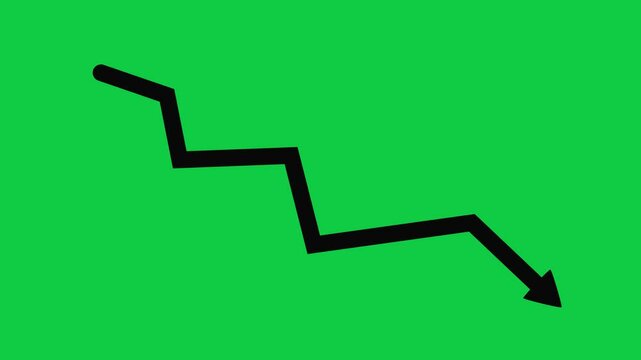 Downward economic crisis moving arrow animation on green screen. Economic simple moving arrow video Animation footage of Graph showing fluctuating downward trend. downward arrow chart isolated
