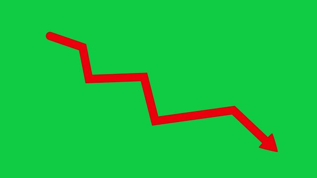 Downward economic crisis moving arrow animation on green screen. Economic simple moving arrow video Animation footage of Graph showing fluctuating downward trend. downward arrow chart isolated
