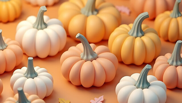 Collection of handmade plaster pumkins. Banner for autumn seasonal holidays background. DIY craft pumkins for helloween, thanksgiving, fall decoration. AI generated