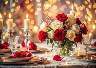 Double exposure photography:  Red and white roses elegantly adorn a celebratory table setting.