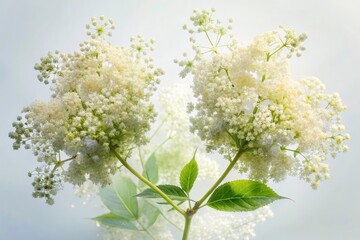 Double exposure photography showcases delicate elderflower details, a top-down view, on a pure white background.