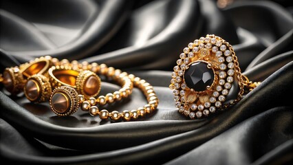 Double exposure photography showcases elegant gold and black jewelry, draped in luxurious silk.