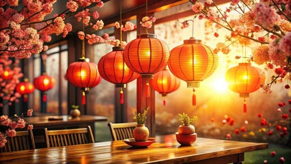 Double exposure photography showcases glowing Chinese lanterns, creating a magical New Year's room decor.