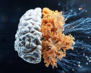 Hippocampus MRI scan. Digital brain model with MRI visualization of hippocampus activity.