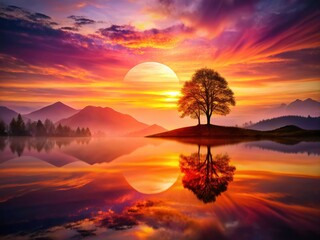 Double exposure photography unveils a serene sunset landscape, showcasing nature's golden hour beauty.