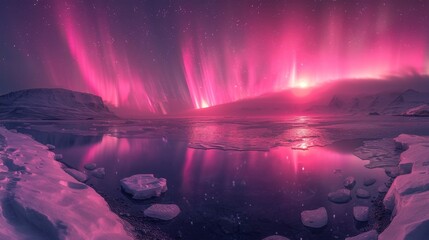 A breathtaking view of the northern lights illuminating the night sky over a tranquil winter landscape, reflecting vibrant colors on snow-covered terrain and a serene lake.