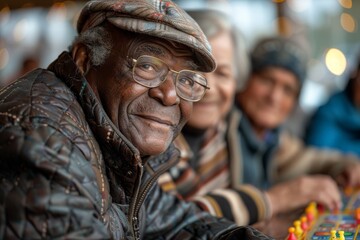 Obraz premium A compassionate portrait of an elderly man with spectacles, showcasing wisdom and warmth in his smile, surrounded by cheerful companions, embodying life's richness.