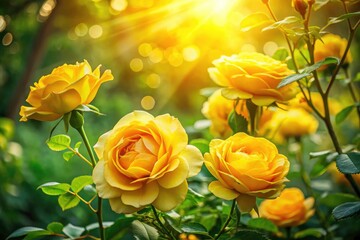 Double exposure: radiant yellow roses and a thriving garden burst with color.