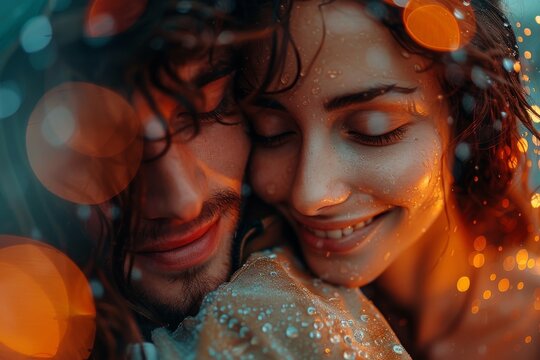 A joyful couple sharing an intimate moment in the rain, surrounded by vibrant bokeh lights that enhance the romantic atmosphere of their embrace and connection.