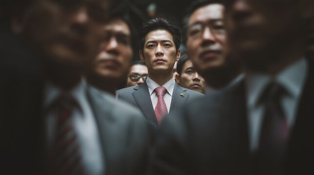 Confident Asian businessman standing out in a crowd of executives