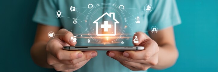Hands holding a smartphone displaying a virtual healthcare symbol.