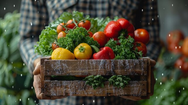 A rustic wooden basket filled with a variety of colorful, fresh organic vegetables captures the essence of healthy eating and a sustainable lifestyle.
