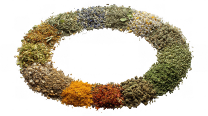 Colorful dried herbs and spices are arranged in an oval shape, creating a vibrant and aromatic frame on a transparent background, perfect for culinary or health related designs