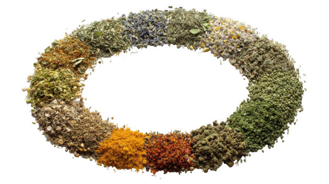 Colorful dried herbs and spices are arranged in an oval shape, creating a vibrant and aromatic frame on a transparent background, perfect for culinary or health related designs