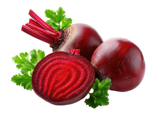 Red Beetroot with Parsley: Fresh, vibrant red beetroots, one sliced to reveal its intricate concentric rings, are artfully arranged with sprigs of parsley.  The image is clean.