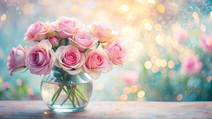 Double exposure reveals a dreamy pink rose bouquet; a surreal floral fantasy in a white-backgrounded artistic vase.