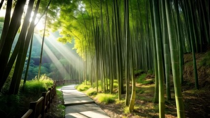 Pathway leads through dense bamboo grove with sunlight streaming down for a peaceful and natural scenery experience. - Powered by Adobe