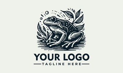 Stylized black and white illustration of a frog surrounded by foliage and water elements. Nature and wildlife concept