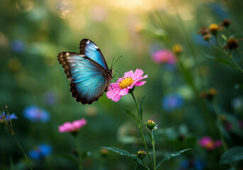 Obraz premium Butterfly on Pink Flower with Colorful Wings – Close-Up Nature Scene for Spring, Ecology, and Beauty-Themed Visual Projects 