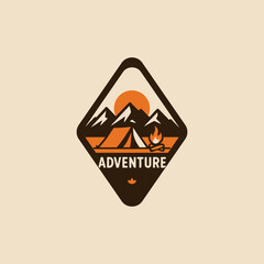 Bold and clean logo featuring the word ADVENTURE combined with minimalist silhouette of mountains, a camping tent, and a campfire in rectangle frame suit for outdoor brands and travel gear