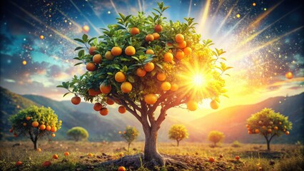 Double exposure reveals a fantastical orange grove, sun-drenched and dreamy.