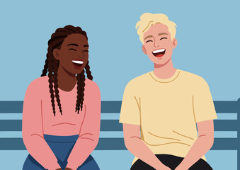 Cheerful illustration of a Black woman with braided hair and a blonde man laughing together while sitting on a bench against a light blue background