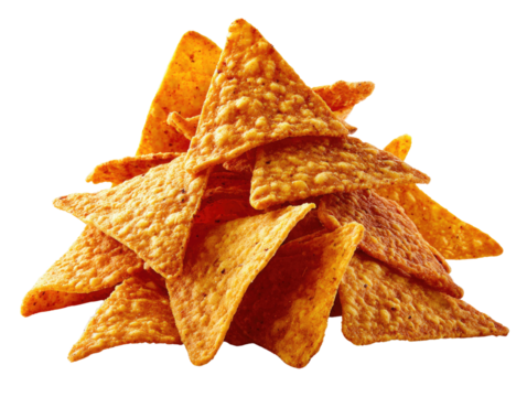 Crispy Triangle Delight: A close-up shot of a pile of crispy, golden-brown, tortilla chips arranged into a triangular tower. Inviting, crunchy texture ideal for food and snack concepts.