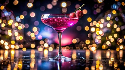 Double exposure reveals a sparkling pink cocktail in a coupe, bathed in bokeh's soft glow.