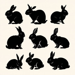 A collection of nine black rabbit silhouettes arranged in a grid pattern on a light cream background