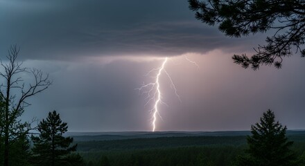Dramatic Lightning Strike Over a Forest Landscape
