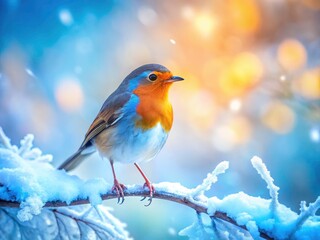 Double exposure reveals a winter robin, its silhouette a stark contrast against the icy, snowy branch.