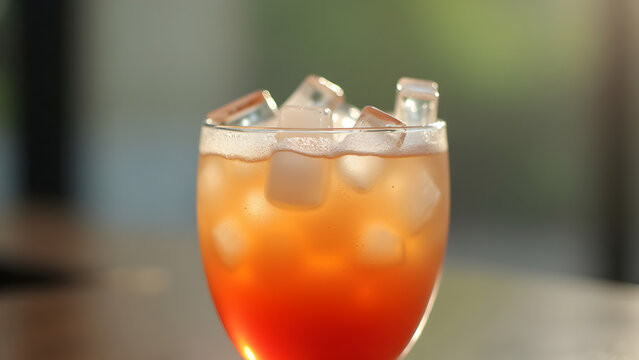 A refreshing beverage with ice cubes against a blurred background.