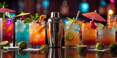 A vibrant display of assorted cocktails arranged on a reflective bar surface, illuminated by colorful backlighting.