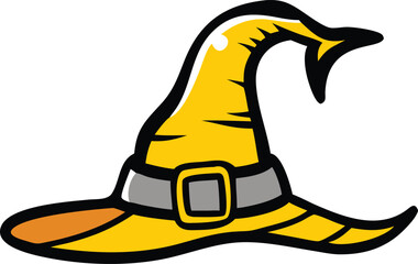A whimsical illustration of a yellow witch's hat with a gray buckle, set against a stark white background