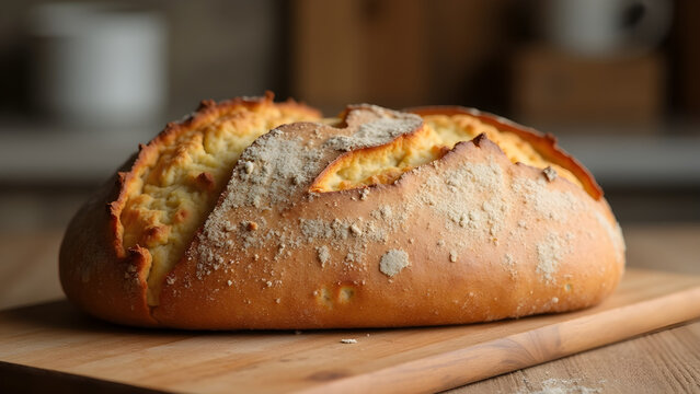 Freshly baked rustic bread resting on a wooden surface in a cozy kitchen setting
