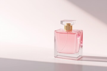 Pink perfume bottle. Elegant glass perfume bottle with a soft pink liquid. Mock up of minimal transparent glass bottle of perfume with a golden cap. Plain white background. Stylish perfumeries banner