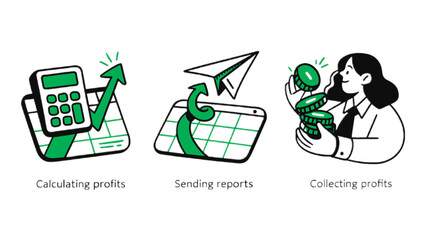 Illustrative graphic depicting business profit growth stages calculation reporting and collection of profits. Ideal for financial websites and presentations.