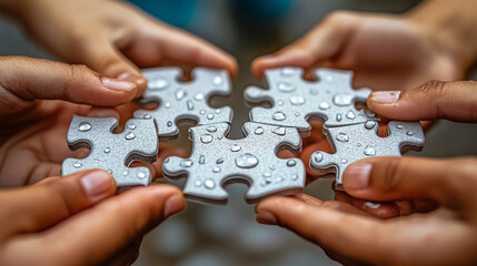 Children's Hands Joining Puzzle Pieces, Teamwork Concept, Outdoor Setting