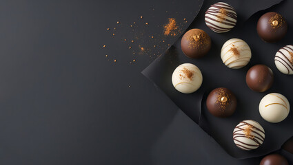 An artistic arrangement of assorted chocolates displayed on a dark, textured surface.