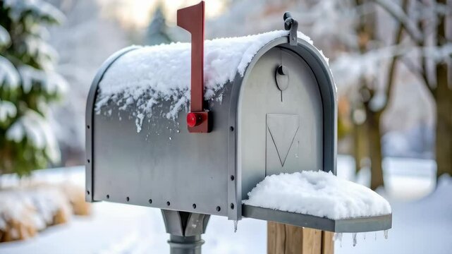 Silver mailbox covered in fresh snow, red flag up on a blurred winter day with icicles, outdoors receiving mail in winter