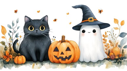 Watercolor cartoon illustration of black cat and white ghost in witch hat, pumpkin on isolated background with Halloween elements, futures light pastel colors
