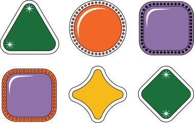 Geometric shape ribbon labels. Iconic cornered shield and diamond tag mixes in orange, green, and purple tones  