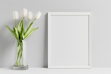Vertical blank frame mockup in living room interior with light soft shadow. Poster mock up and tulip in vase. Empty picture framework template on a gray wall for artwork, photo or print presentation.